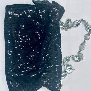 White House Black Market Sequin Bag Jewelled Strap Black Large Bow Zip Close